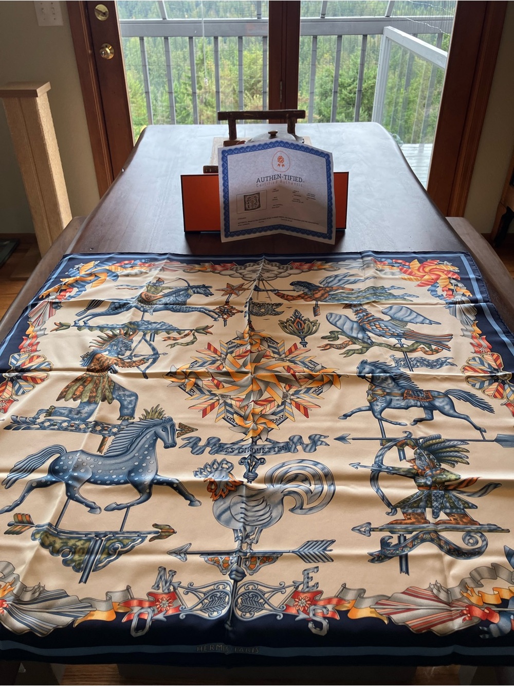 Hermes Blue and Cream Silk Scarf with Carousel Horse Motif - Picture 10 of 11
